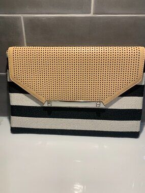 Stella and Dot City Slim Black White Striped Perforated Envelope Clutch